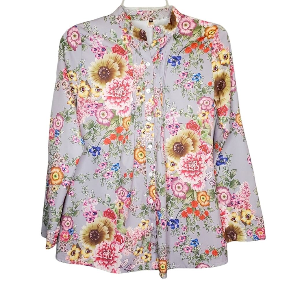 Floral Print Long Sleeve Button Up Shirt Grey Bright Women's Size Medium Elfin